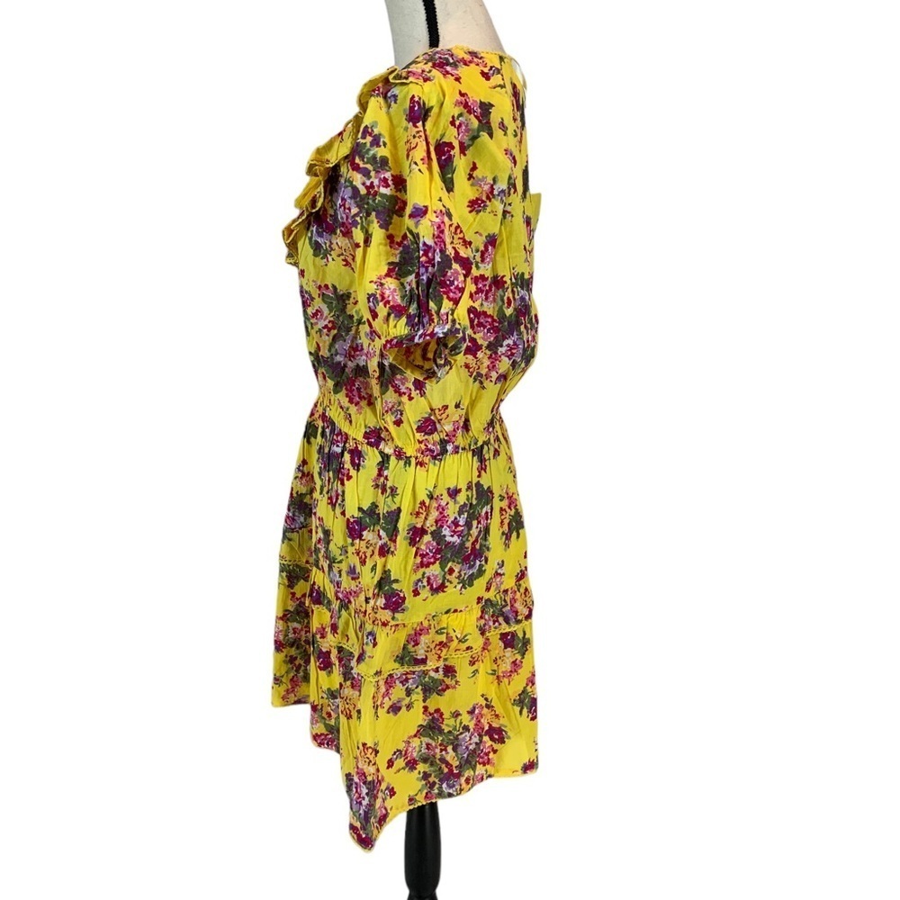 Maisie 100% Cotton Short Puff Sleeve Floral Ruffle Mini Dress - Yellow - Large - Picture 4 of 9
